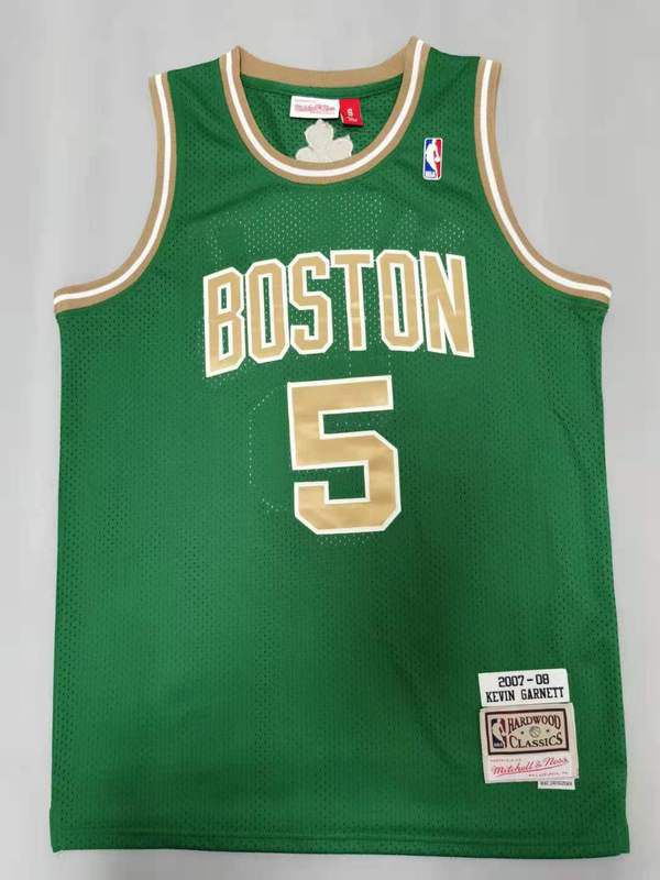 Men Boston Celtics #5 Garnett Green Gold Throwback Best mesh 2021 NBA Jersey